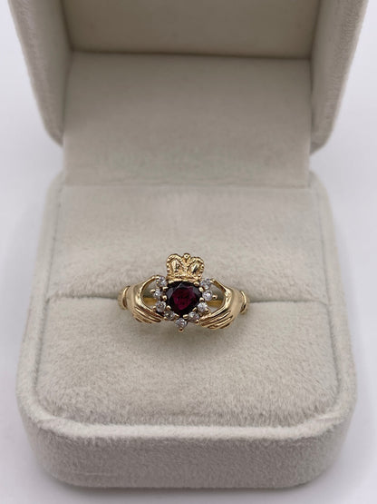 9ct gold garnet and cz claddagh ring