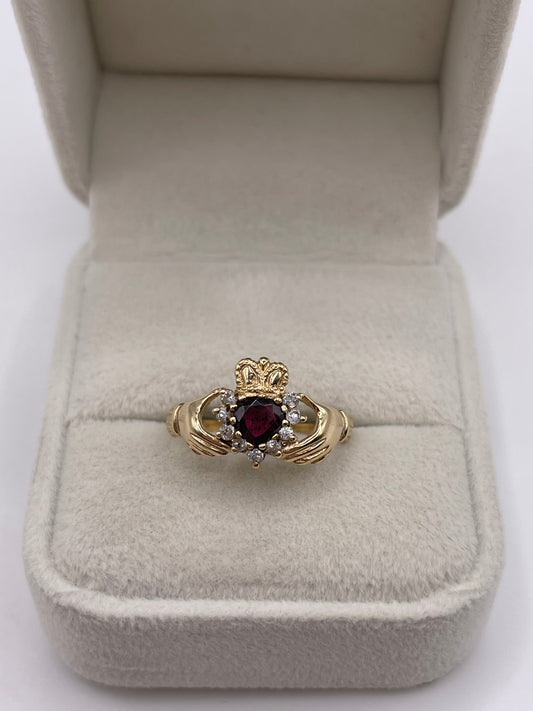9ct gold garnet and cz claddagh ring
