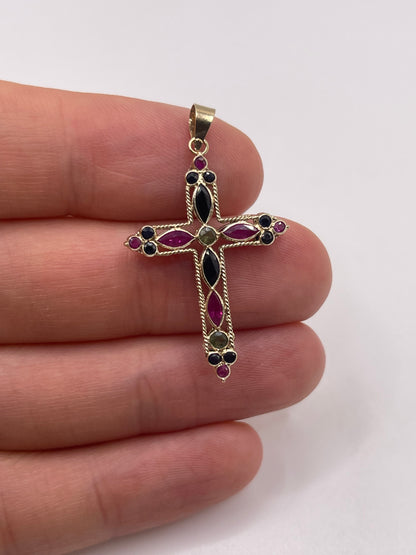 9ct gold sapphire, ruby and quartz cross pendant
