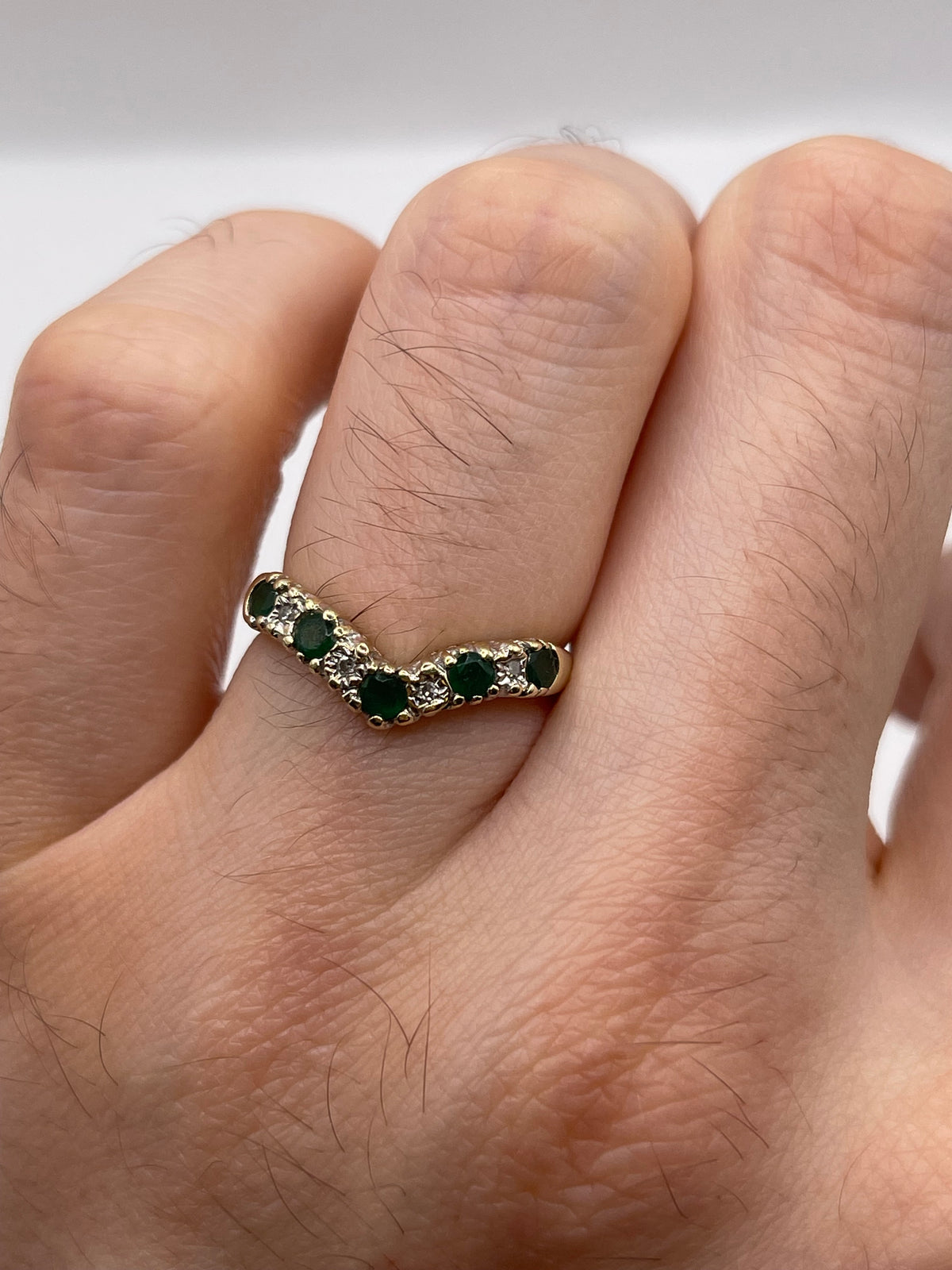 9ct gold emerald and diamond wishbone ring