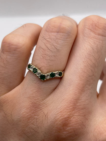 9ct gold emerald and diamond wishbone ring