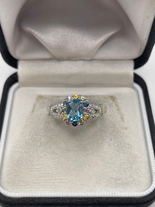 9ct white gold multi gemstone and diamond ring