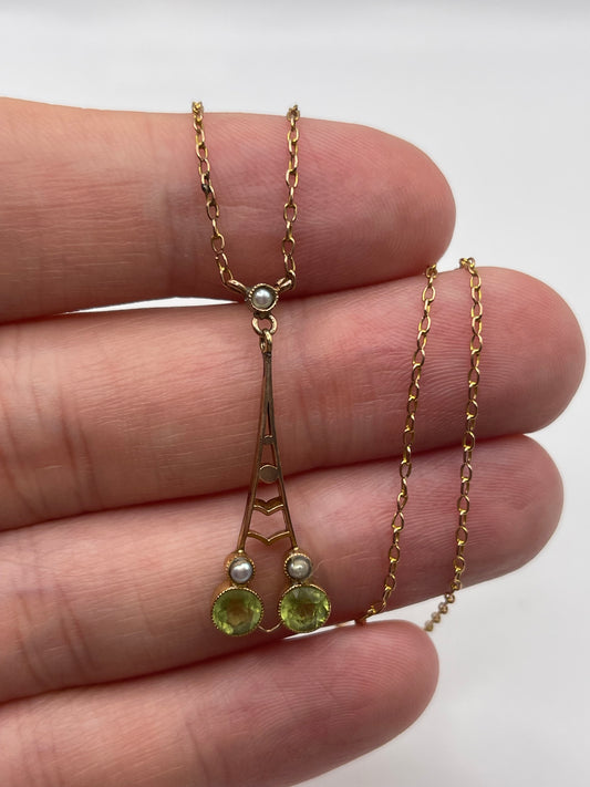 Antique 9ct gold peridot and pearl necklace