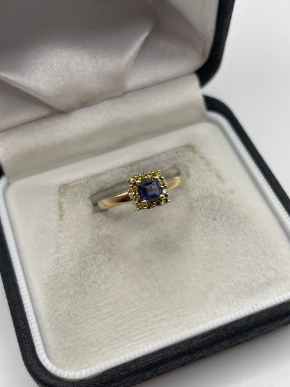 9ct gold iolite and yellow diamond ring