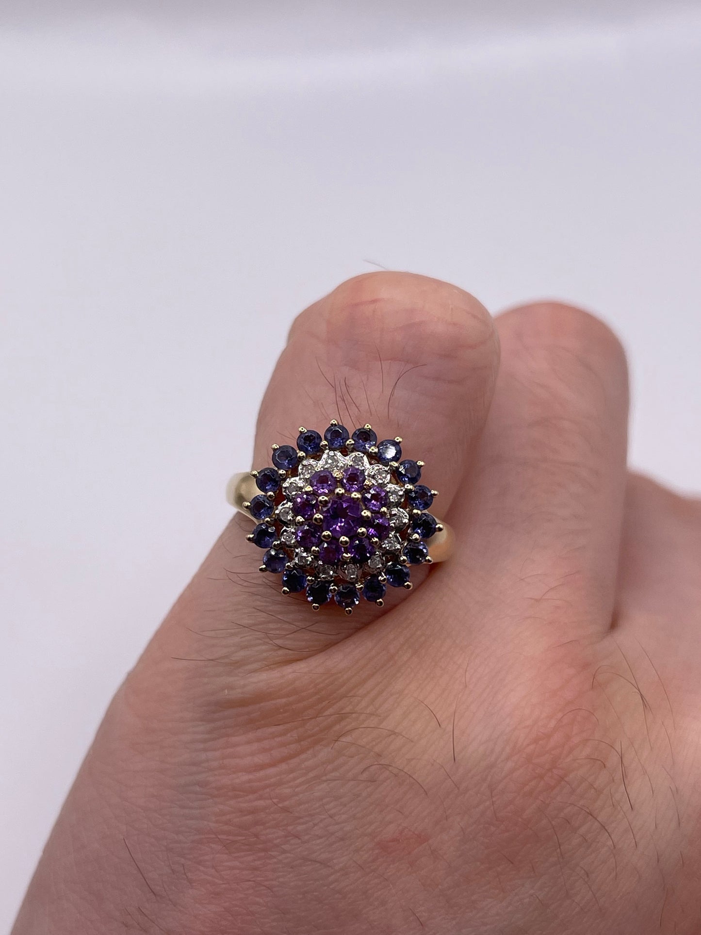 9ct gold amethyst, iolite and diamond ring