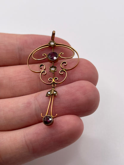 Antique 9ct gold garnet and pearl pendant