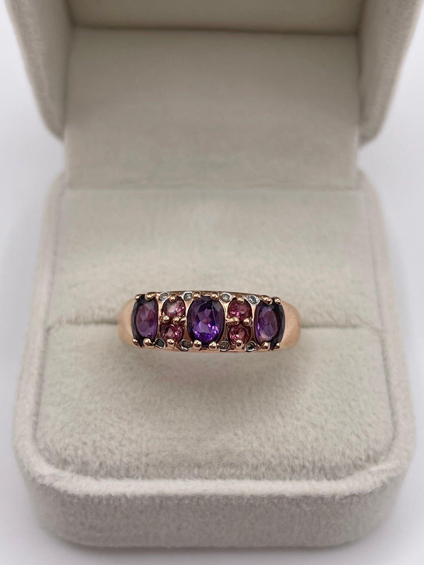 9ct rose gold amethyst, tourmaline and diamond ring