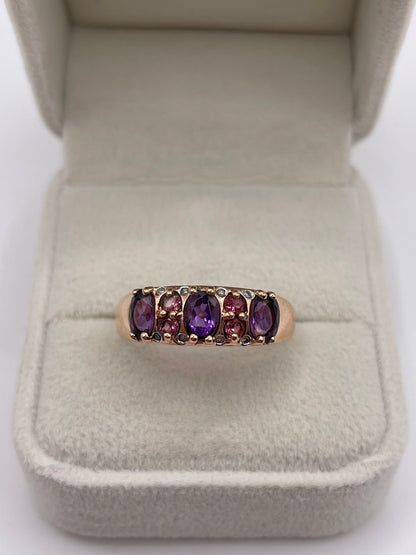 9ct rose gold amethyst, tourmaline and diamond ring