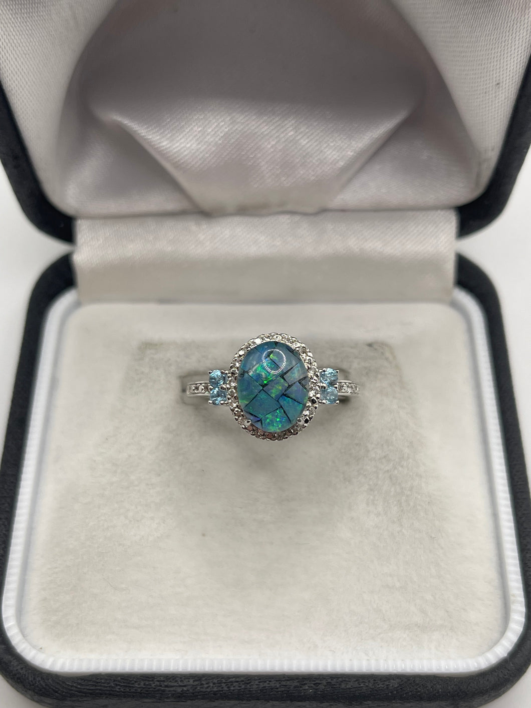 Silver black opal and topaz ring