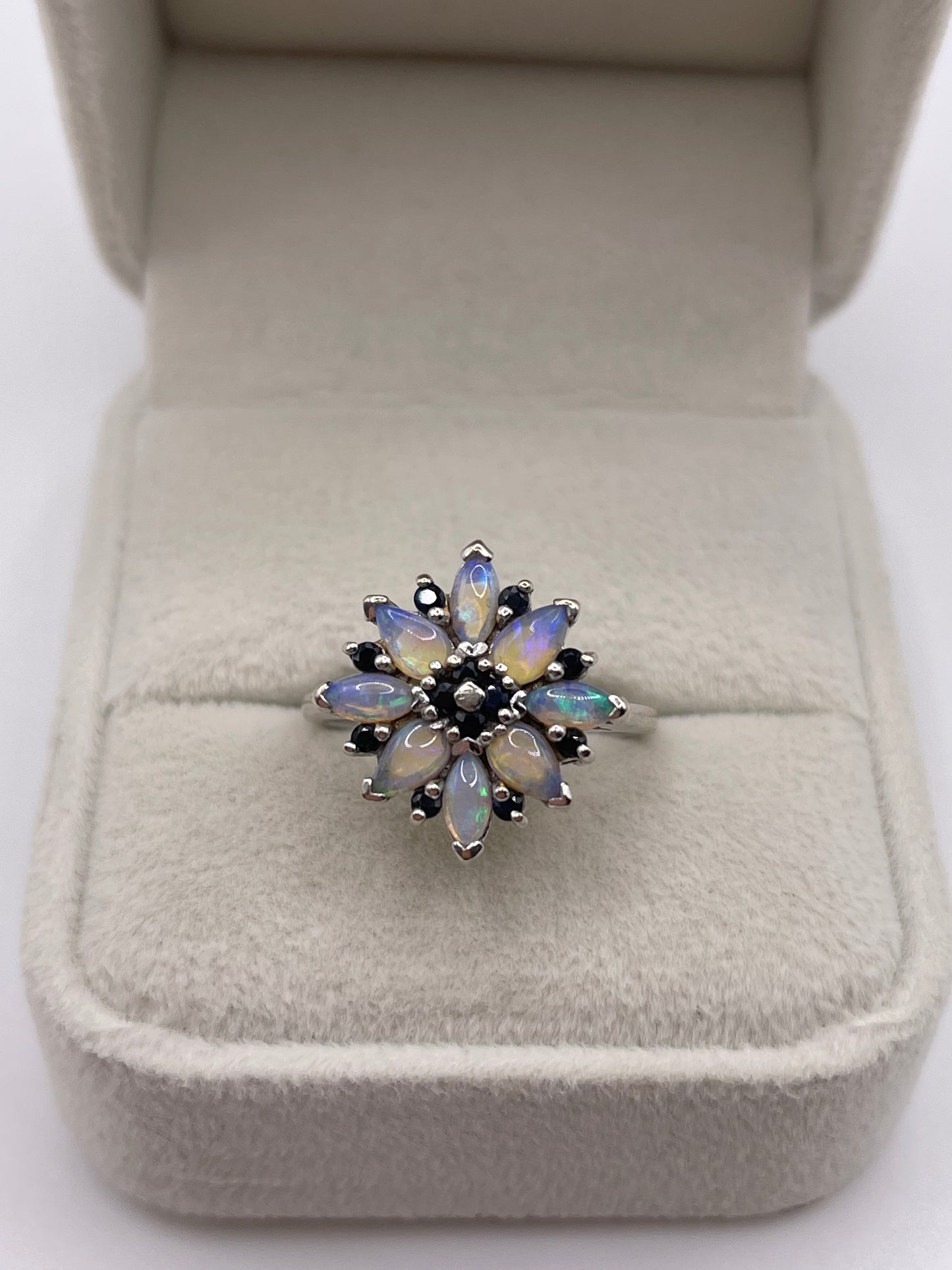 9ct white gold opal and sapphire cluster ring