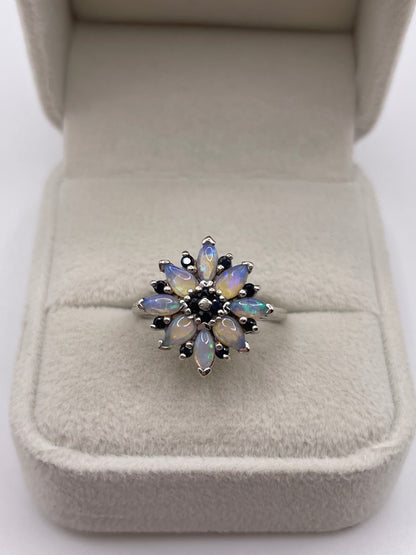 9ct white gold opal and sapphire cluster ring