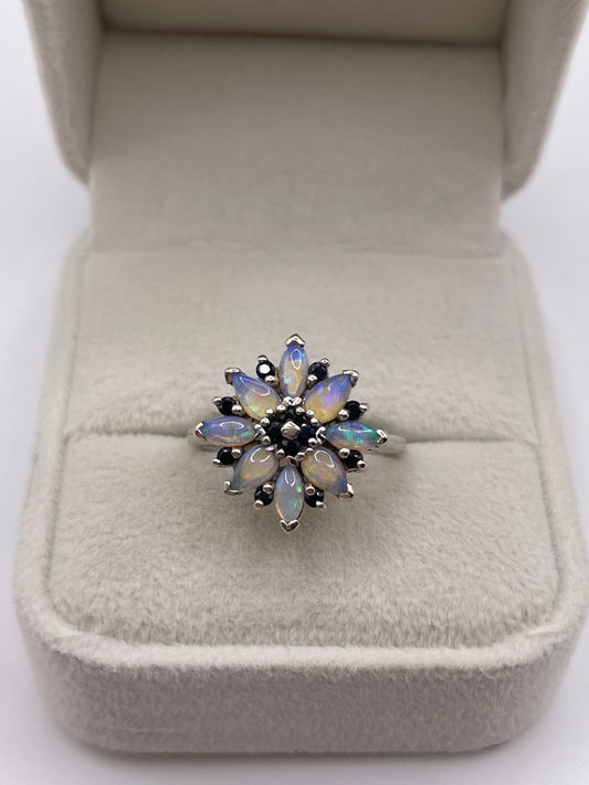 9ct white gold opal and sapphire cluster ring