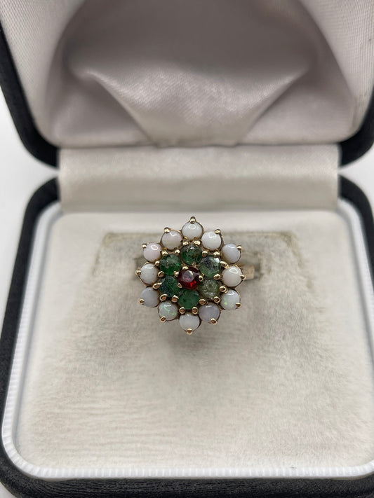 9ct gold opal, emerald and garnet ring