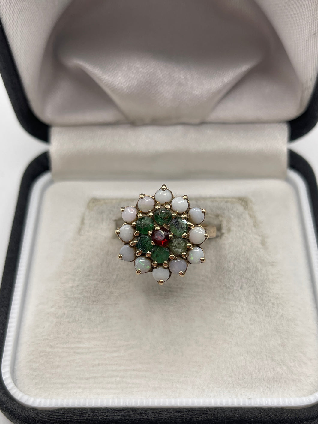 9ct gold opal, emerald and garnet ring