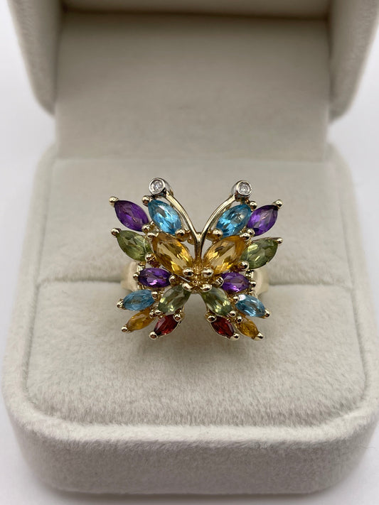 9ct gold multi gemstone and diamond butterfly ring