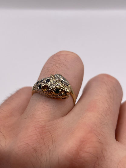 9ct gold sapphire, emerald and diamond panther ring