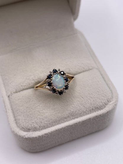 9ct gold opal, sapphire and diamond ring