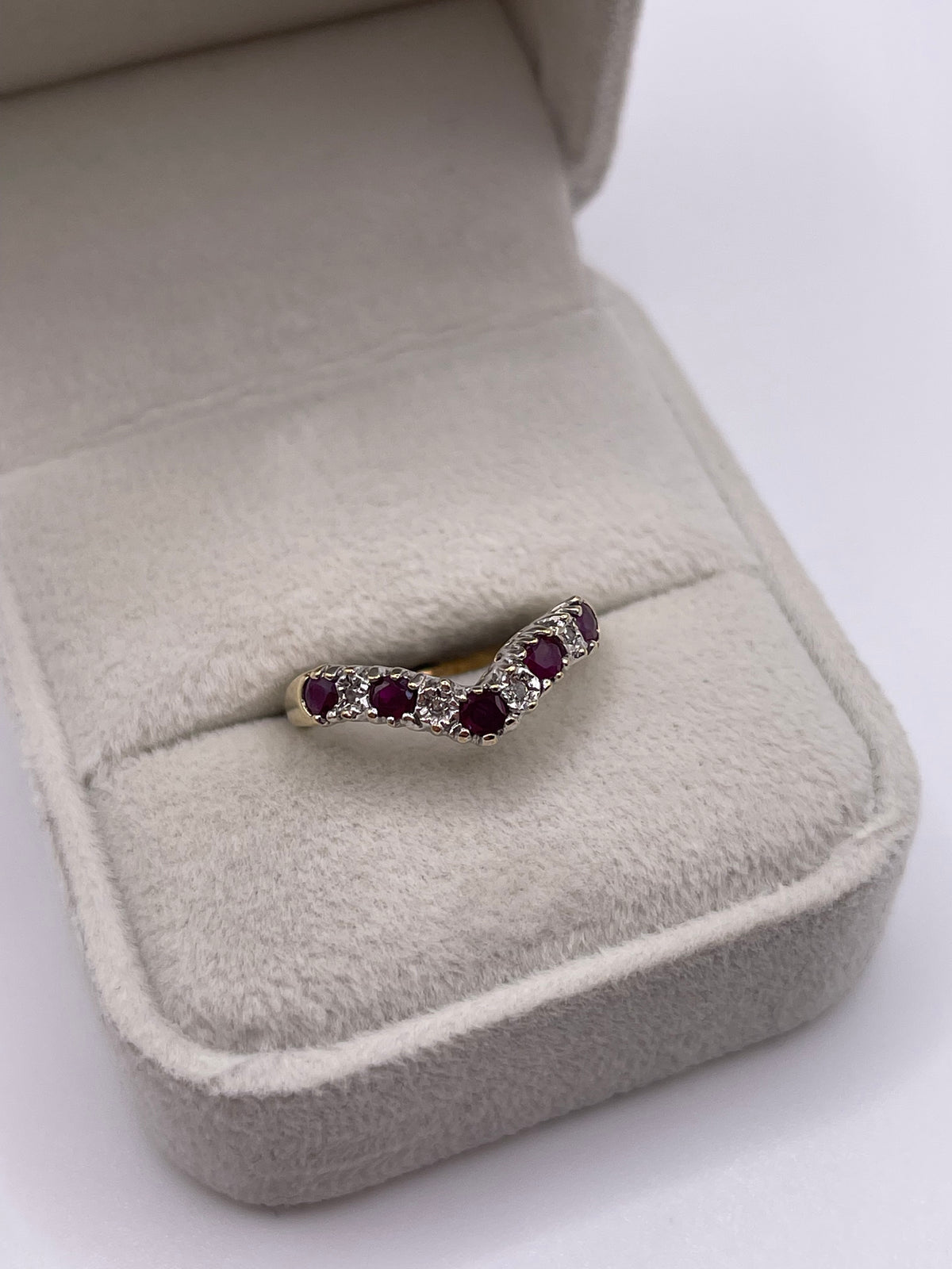 9ct gold ruby and diamond wishbone ring
