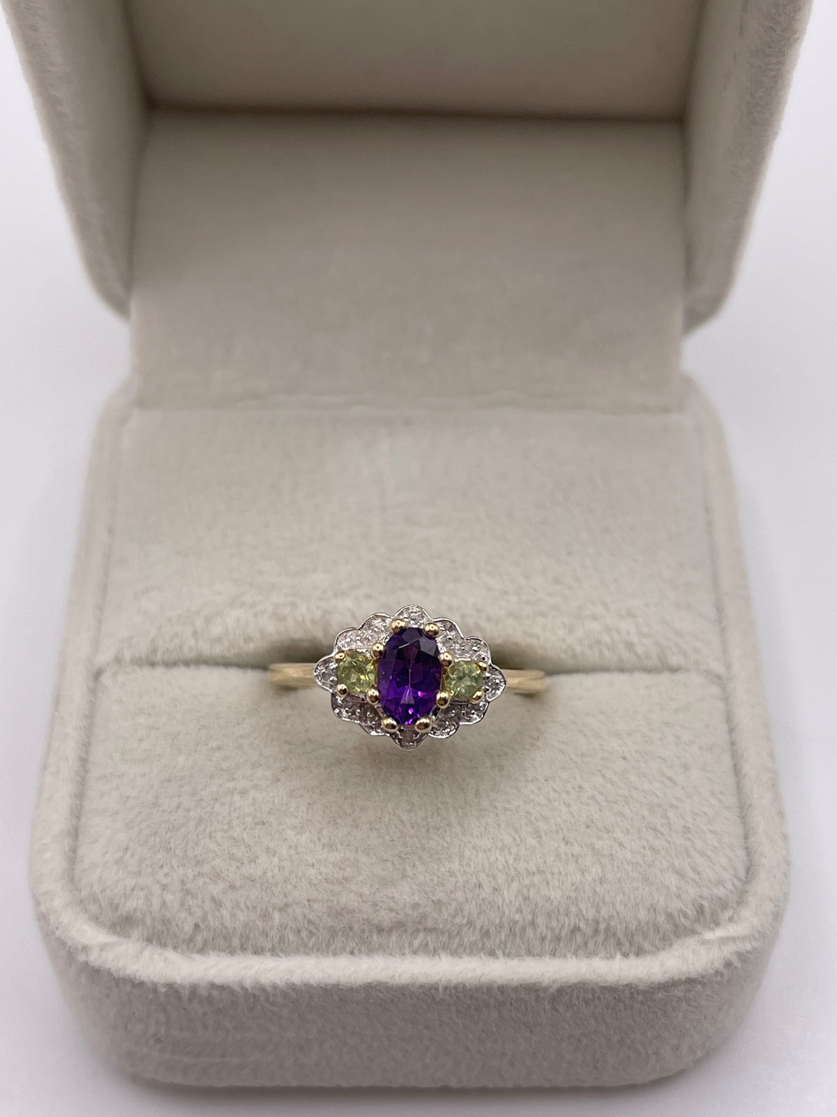 9ct gold amethyst, peridot and diamond ring