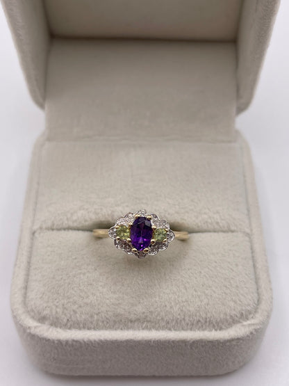 9ct gold amethyst, peridot and diamond ring