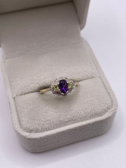 9ct gold amethyst, peridot and diamond ring