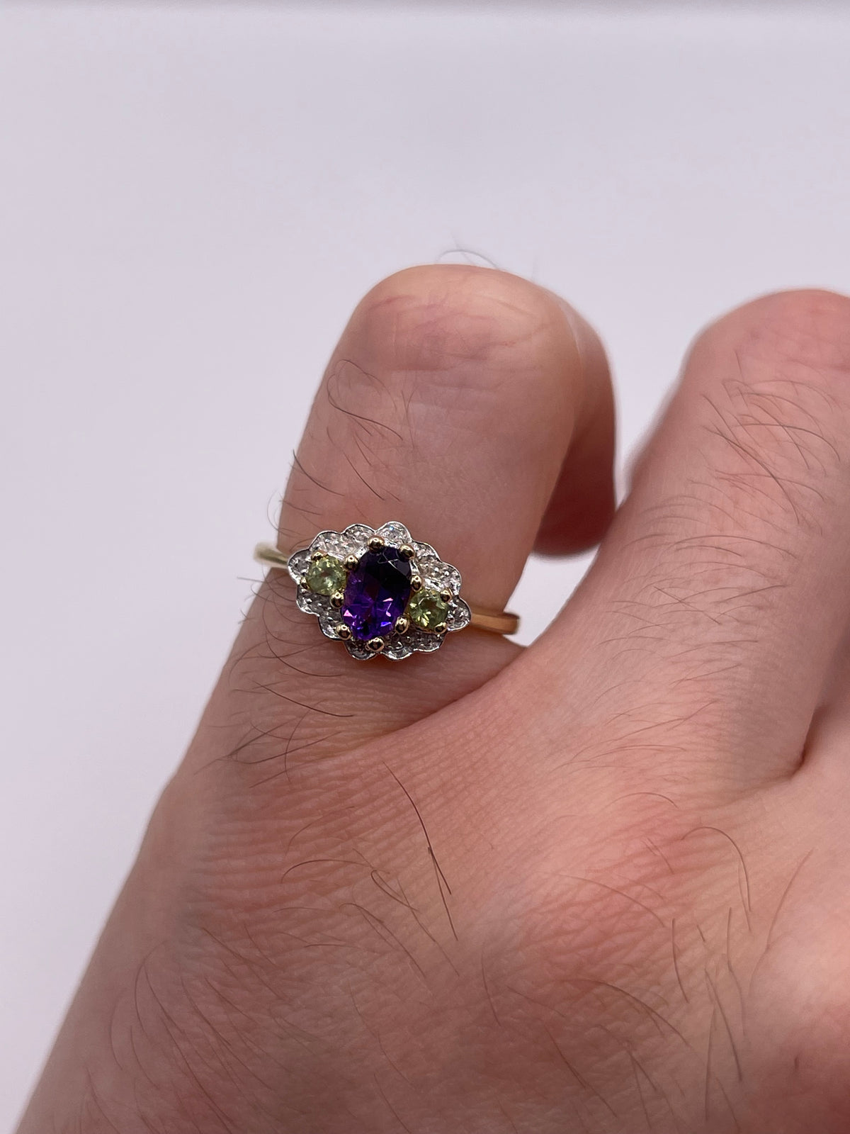 9ct gold amethyst, peridot and diamond ring