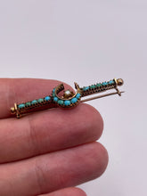 Load image into Gallery viewer, 9ct rose gold turquoise and pearl crescent brooch
