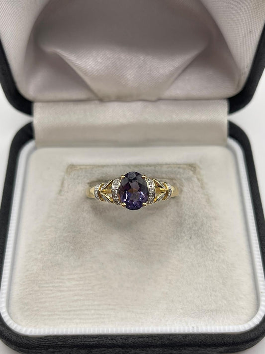 9ct gold iolite and diamond ring