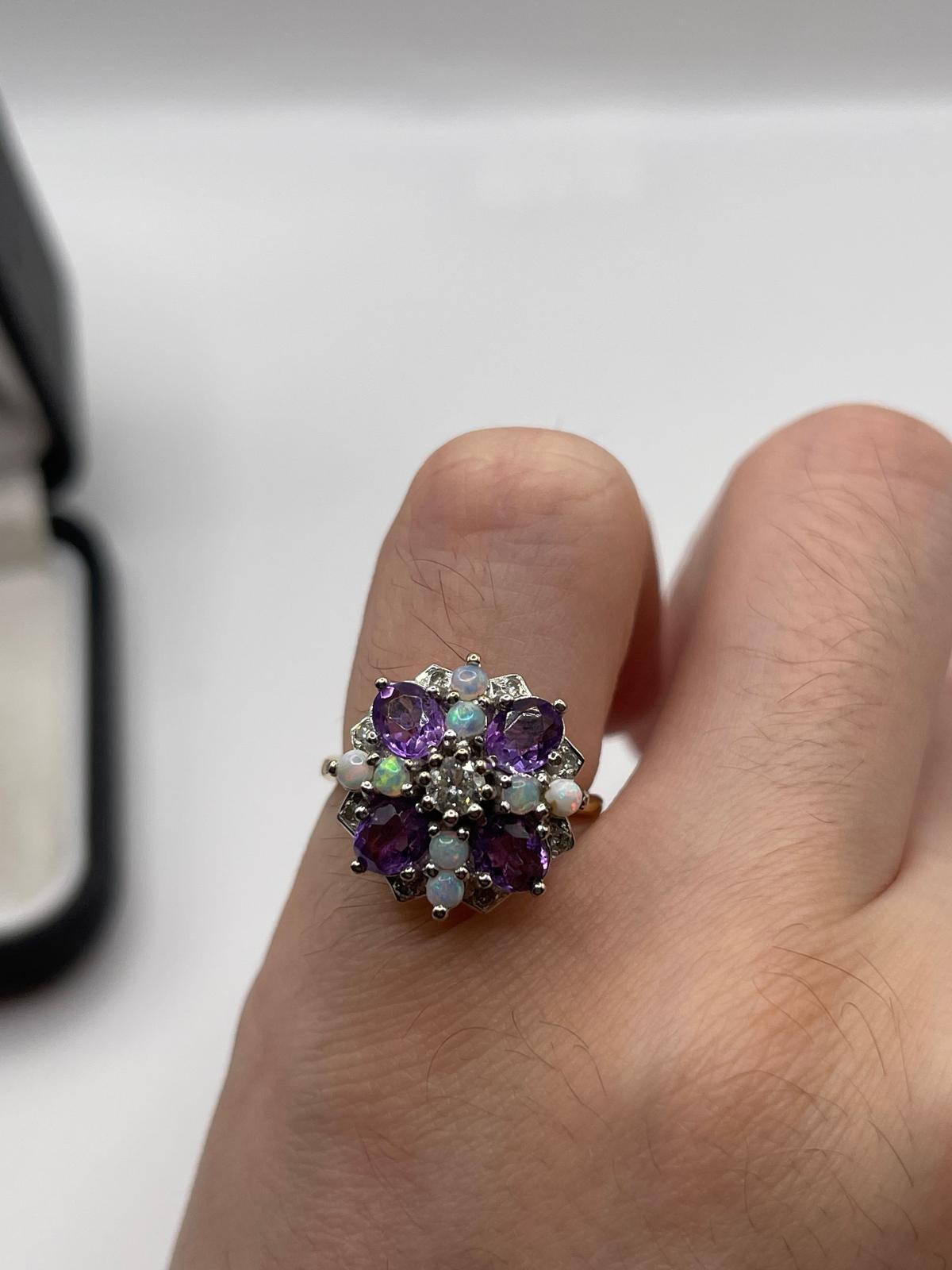 18ct gold amethyst, opal and diamond ring