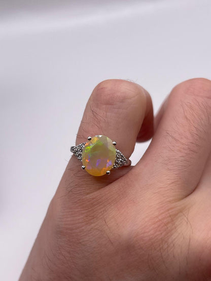 9ct white gold opal and zircon ring