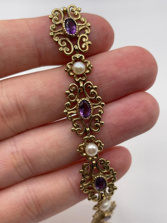 9ct gold amethyst and pearl bracelet