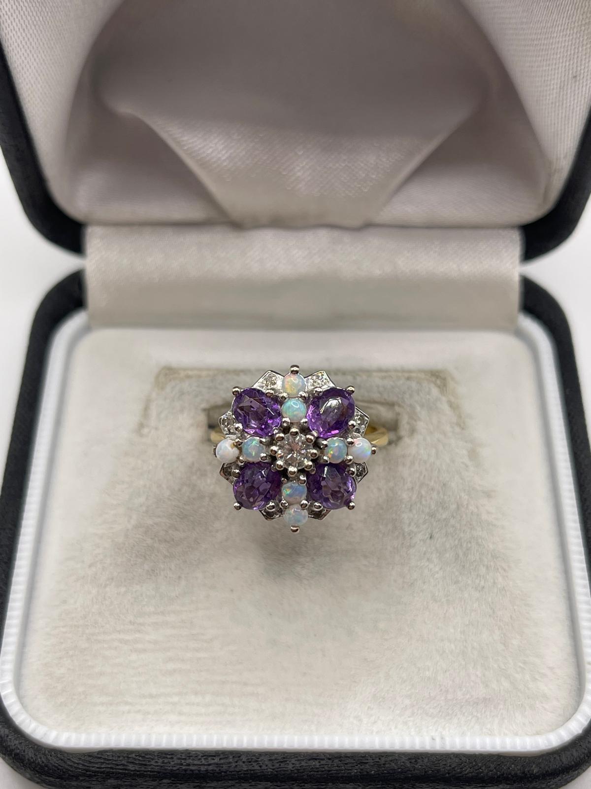 18ct gold amethyst, opal and diamond ring