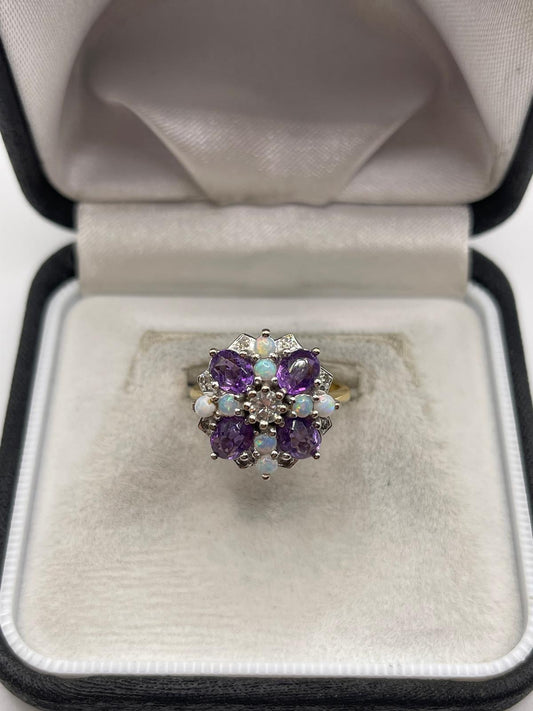 18ct gold amethyst, opal and diamond ring