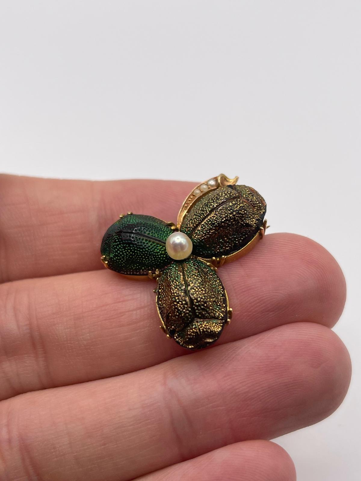 Antique 18ct gold scarab beatle and pearl brooch
