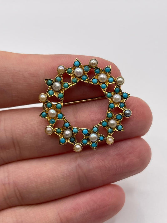 Antique 15ct gold turquoise and pearl brooch