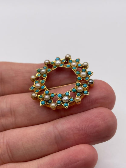 Antique 15ct gold turquoise and pearl brooch
