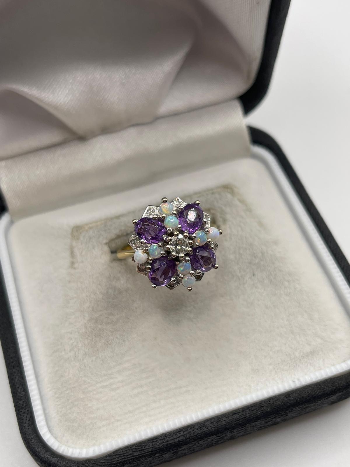 18ct gold amethyst, opal and diamond ring