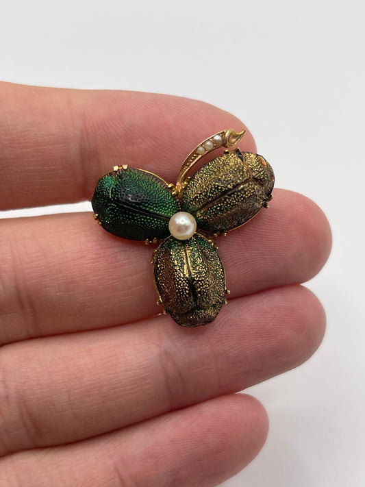 Antique 18ct gold scarab beatle and pearl brooch