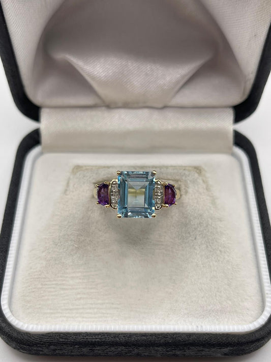 9ct gold topaz, amethyst and diamond ring