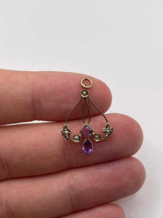 Antique 9ct gold amethyst and pearl pendant