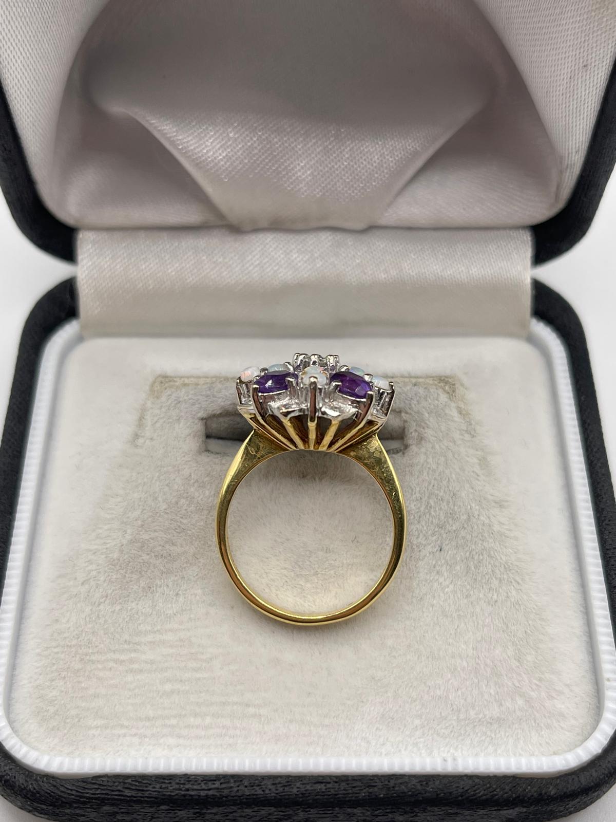 18ct gold amethyst, opal and diamond ring