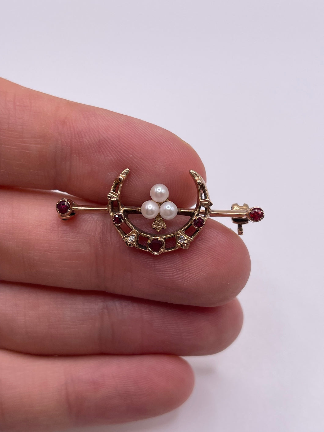 9ct gold ruby, diamond and pearl crescent brooch