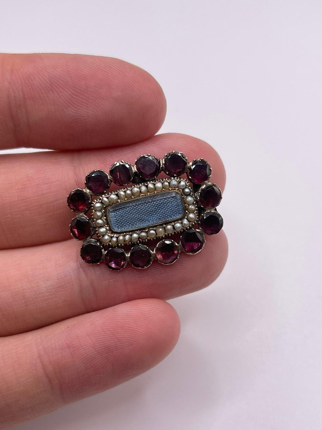 Antique rolled gold garnet and pearl mourning brooch