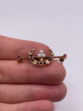 Load image into Gallery viewer, 9ct gold ruby, diamond and pearl crescent brooch
